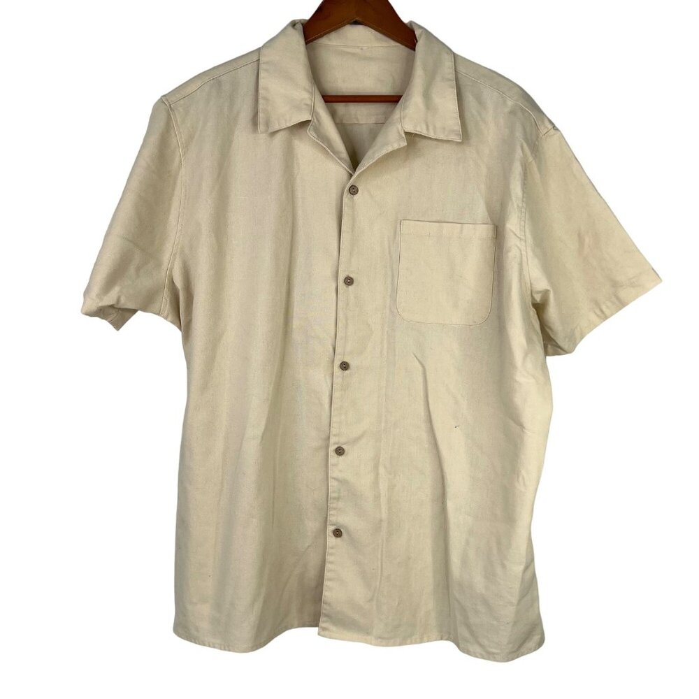 Short Sleeve Beige Button-Up Shirt Size L Cotton Blend With Pocket Feature